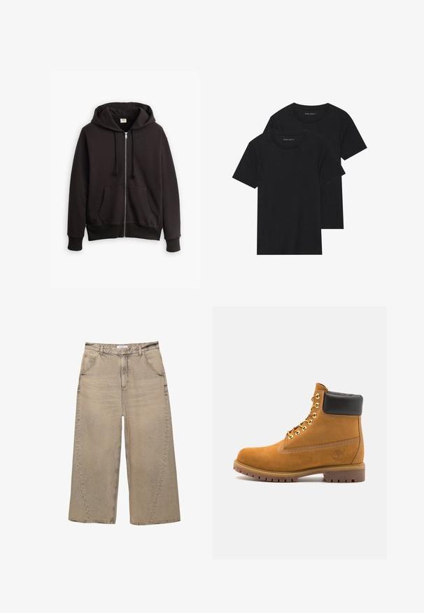 Felpa nera con zip e cappuccio regolabile, tasche frontali e polsini a coste. Presenta un piccolo logo Levi's marrone sul petto. Realizzata in misto cotone.; Due magliette nere di cotone a maniche corte, con scollatura rotonda e una texture liscia, esposte impilate insieme.; PULL&BEAR MEGA BAGGY - Jeans baggy - light grey; Stivale alla caviglia in suede tan con collare imbottito nero, occhielli in metallo dorato, dettagli in cucitura bianca e suola in gomma robusta con battistrada pronunciato.