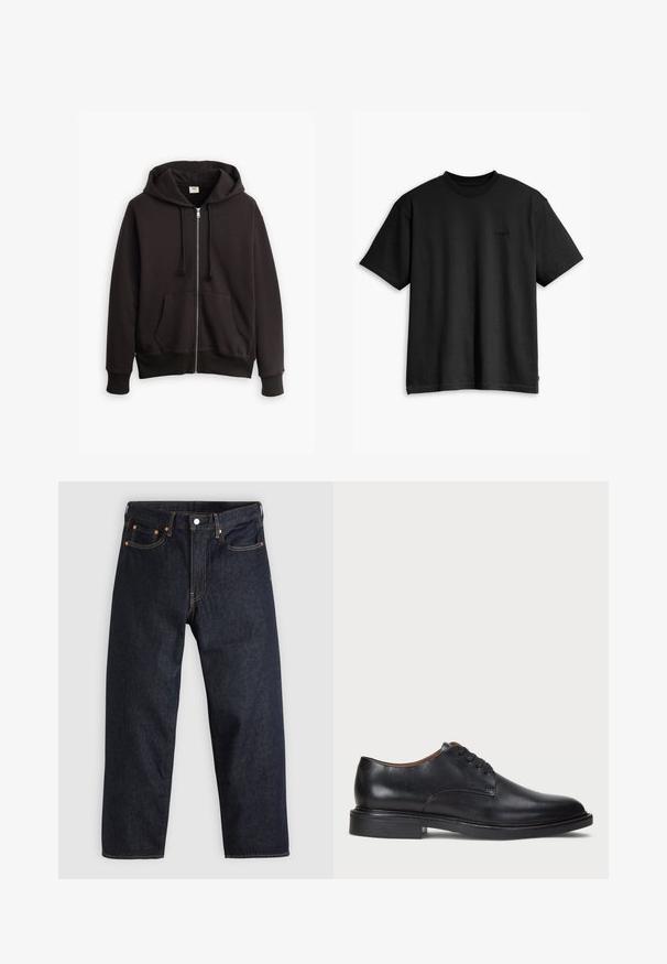 Felpa nera con zip e cappuccio regolabile, tasche frontali e polsini a coste. Presenta un piccolo logo Levi's marrone sul petto. Realizzata in misto cotone.; T-shirt nera in cotone con collo rotondo e maniche corte. Presenta un logo frontale sottile e un orlo dritto. Design semplice e minimalista.; Jeans in denim blu scuro con taglio dritto, cinque tasche, cuciture arancioni a contrasto e chiusura con bottone. Nessun motivo o decorazione visibile.; Scarpa da uomo in pelle nera con punta rotonda, design con lacci e tacco basso impilato. Texture liscia con dettagli di cucitura minimi.