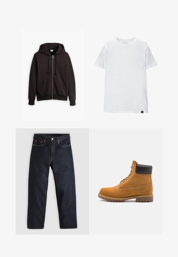 Černá mikina s kapucí na zip, s tkaničkou, předními kapsami a žebrovanými manžetami. Na hrudi má malé logo Levi's v hnědé barvě. Vyrobena z bavlněné směsi.; Bílá tričko s těsným střihem vyrobené z bavlny. Kolečkový výstřih, krátké rukávy, hladká textura. Malá černá visačka s logem na lemu. Jednoduchý design.; Tmavomodré džíny z denimu se straight střihem, pěti kapsami, kontrastním oranžovým šitím a knoflíkovým zapínáním. Žádné viditelné vzory ani ozdoby.; Hnědé semišové kotníkové boty s černým polstrovaným límcem, zlatými kovovými očky, bílým prošíváním a odolnou gumovou podrážkou s výraznými drážkami.