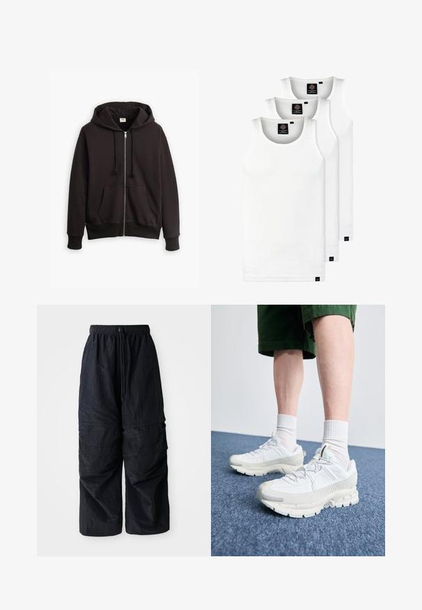 Musternööpidega must kapuutsiga dressipluus, ees taskud ja soonikkoes mansetid. Rindkerel on pruun Levi'si logo. Valmistatud puuvillase segu tõttu.; Kolm valget ribaga t-särki, mis on valmistatud puuvillast. Omavad ümmargust kaelanõhku ja väikseid musti silte hemme lähedal. Saadaval erinevates suurustes.; Mustad must have elastse pahklpüksid reguleeritava paelaga ja mitme kihilise taskuga jalgadel.; Valged sportsijalatsid tekstuursete pealsete, kopsaka tallaga ja hallide aktsentidega. Kanda valgete lühikeste sokkidega ja roheliste lühikeste pükstega sinisel pinnal.