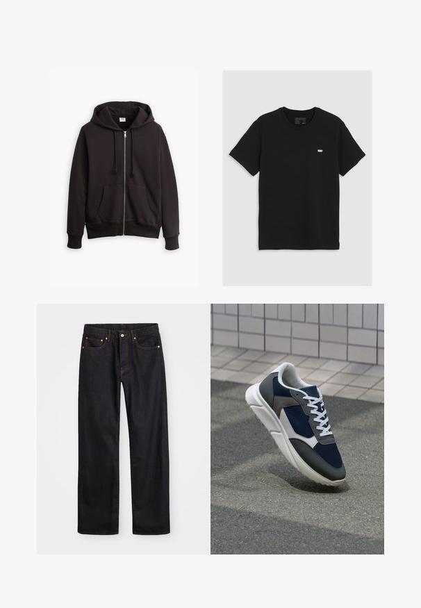 Felpa nera con zip e cappuccio regolabile, tasche frontali e polsini a coste. Presenta un piccolo logo Levi's marrone sul petto. Realizzata in misto cotone.; T-shirt in cotone nero con maniche corte, scollatura rotonda, presenta un piccolo logo bianco Levi's sul petto, texture liscia, vestibilità classica.; Jeans neri in denim dritto da uomo con cinque tasche e cuciture arancioni, chiusura con bottone e zip sulla vita anteriore.; Sneaker con tomaia in rete blu navy, inserti in suede grigio, suola in gomma bianca e lacci bianchi piatti, progettata per comfort e traspirabilità.