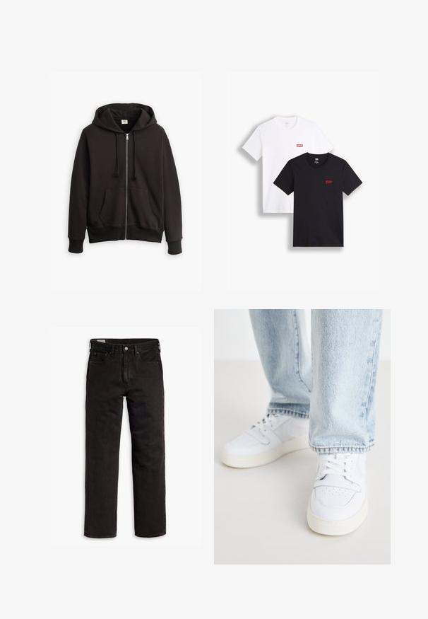 Juodas užtraukiamas džemperis su užtraukiama kapuce, priekinėmis kišenėmis ir raibinėmis rankovėmis. Krūtinėje yra mažas rudas Levi's logotipas. Pagamintas iš medvilnės mišinio.; Du mieli trumpi rankoviai marškiniai: vieni balti, kiti juodi. Abu pagaminti iš medvilnės, su raudona Levi's logotipu ant krūtinės. Paprastas apvalaus kaklo dizainas.; Juodos tiesios kojų džinsinės kelnės su penkiomis kišenėmis, mygtuko užsegimu ir diržo kilpomis, išdėstytos plokščiai ant balto fono.; Balti odiniai žemi modeliai kedai su perforuota nosimi, plokščiomis raištelėmis ir minimalistiniu dizainu. Suderinti su šviesiai mėlynomis džinsinėmis kelnėmis.