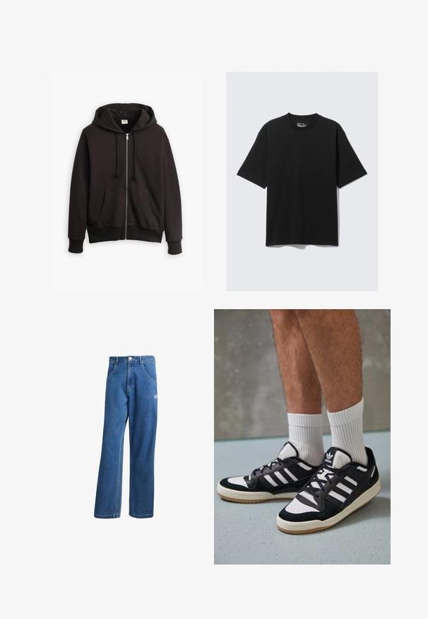 Sort zip-up hoodie med snørret hætte, frontlommer og ribbede manchetter. Har et lille Levi's-logo i brun på brystet. Lavet af bomuldsblanding.; Sort kortærmet T-shirt lavet af bomuld med rund hals, har en afslappet pasform og minimalistisk design. Ingen mønstre eller accenter.; Blå denimjeans med bred benvidde, der har en frontknap i taljen, sidelommer og et lille hvidt logo på venstre ben.; Sorte og hvide sneakers med en overdel i ruskind og læder, der har tre hvide striber, en perforeret tå og en sål i gummigummi.