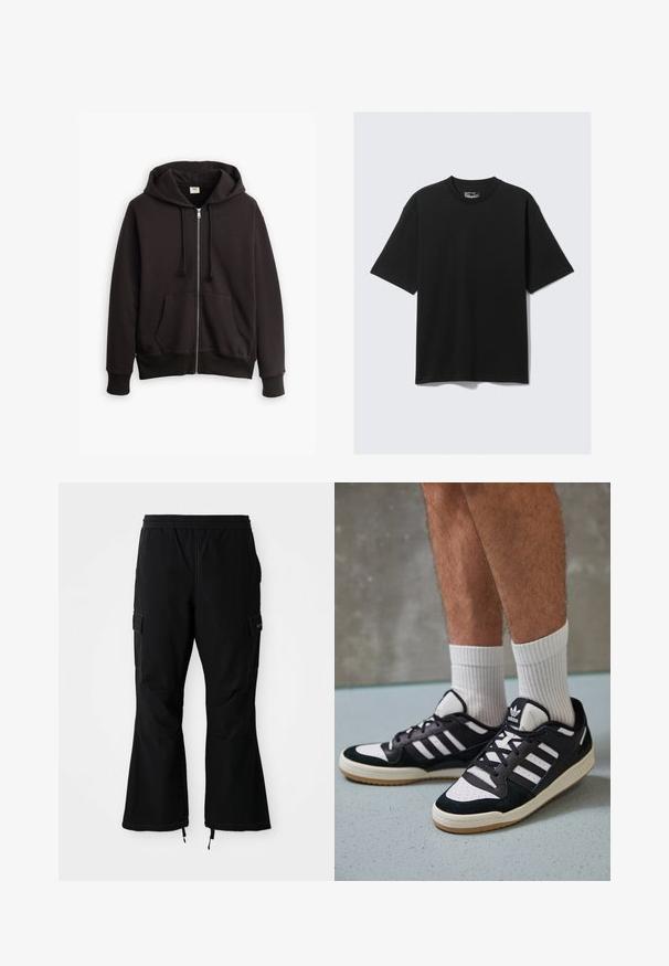 Svart hettejakke med glidelås, snorhette, frontlommer og ribbestrikkede mansjetter. Har en liten Levi's-logo i brunt på brystet. Laget av bomullsblanding.; Svart T-skjorte med korte ermer laget av bomull med rund hals, med en avslappet passform og minimalistisk design. Ingen mønstre eller detaljer.; Sorte cargo bukser med elastisk talje, med sidelommer og udvidede ben med lynlås ved bæltet, præsenteret mod en hvid baggrund.; Sorte og hvite sneakers med overdel i semsket skinn og lær, med tre hvite striper, perforert tå og en såle av gummi.