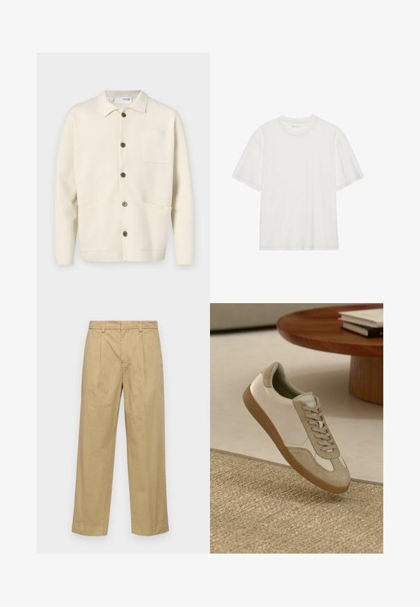 Svijetlosmeđi kardigan s ovratnikom, s pet smešnih dugmadi, dva prednja džepa i jednim džepom na grudima. Tekstura tkanine.; Bela bombažna majica s kratkimi rokavi, okrogel ovratnik in kontrastne šive okoli ovratnika in rokavov.; Bež bombažne hlače s ravnim krojem, ki vključujejo sprednje naborke in stranske žepke. Tkanina ima gladko, mehak občutek.; Lahki športni copat z belim usnjenim zgornjim delom in bež semiš poudarki, okroglo nosnico ter teksturiranim rjavim gumijastim podplatom.