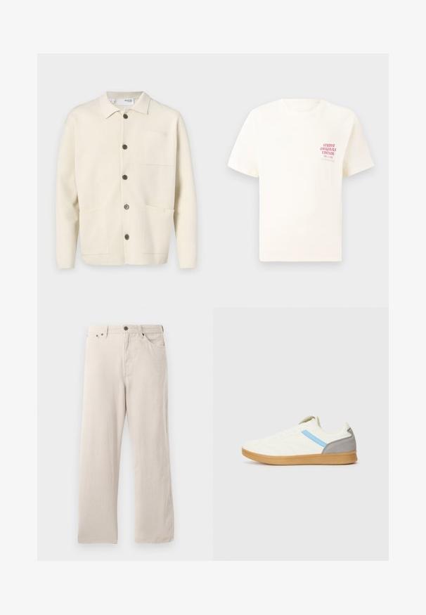Lys beige cardigan med krage, dekorert med fem brune knapper, to frontlommer og en enkelt brystlomme. Strukturert stoff.; Hvit T-skjorte med korte ermer og rød tekst "Studio Originals Edition" på venstre bryst, vist på en nøytral grå bakgrunn.; Beige kordfløyelsbukser med rett snitt, med ribbet tekstur, fem-lomme design og knappestolpe.; Sko med kremfarget overdel, blå sidenstripe og grå hælaccent. Har et strukturert design og såle av gummigummi.