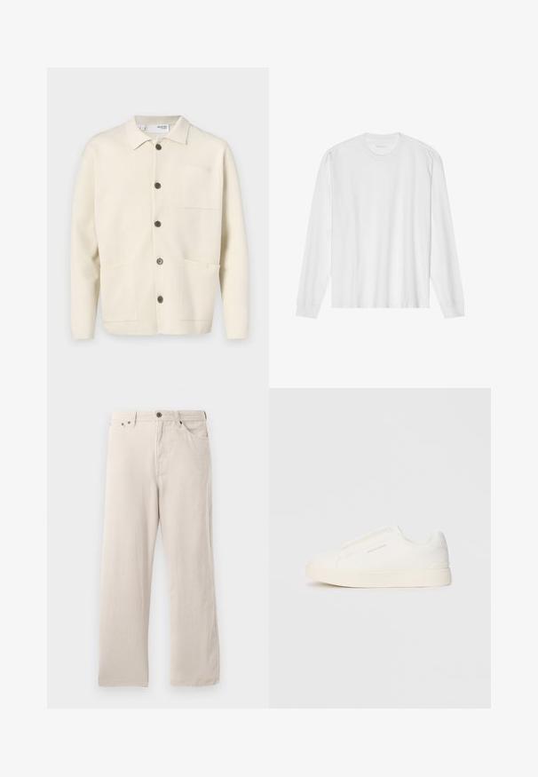 Šviesiai bežinis kardiganas su apykakle, turintis penkis rudus mygtukus, dvi priekinės kišenes ir vieną krūtinės kišenę. Textūruotas audinys.; Baltas medvilninis ilgomis rankovėmis marškinėlis su apvalia iškirpte, sukneliu rankogaliais ir tiesia apačia, lygi tekstūra ir minimalistiniu dizainu.; Šviesiai pilki kordūriniai kelnės su tiesiu kirpimu, pasižyminčios ribota tekstūra, penkių kišenių dizainu ir mygtukų uždarymu.; Baltos slip-on sportbačiai su tekstūruota paviršiumi, storesniu padu ir minimalistišku dizainu. Šone matosi prekės ženklo logotipas.