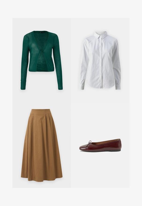 Zelena pletena jakna z dolgimi rokavi, V-izrezom in sprednjim zavezovanjem, ki ima ribano teksturo in skrajšano zasnovo.; Bela srajca z gumbki, narejena iz gladkega bombaža, s klasičnim ovratnikom, dolgimi rokavi in ukrivljenim robom. Gumbi so majhni in beli.; Rjava bombažna A-linijska krila z visokim pasom, ki vključuje naborke spredaj in gladko teksturo. Robovi so čisti in preprosti.; Burgundska patenti usnjeni baletni čevlji z zaobljenim prstom, majhnim lokom na sprednji strani in nizkim črnim gumijastim podplatom. Gladka tekstura.