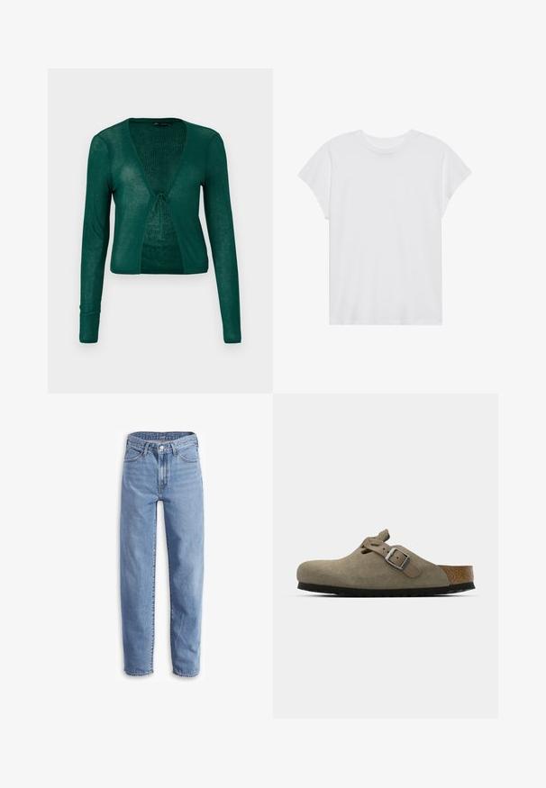 Zelena pletena jakna z dolgimi rokavi, V-izrezom in sprednjim zavezovanjem, ki ima ribano teksturo in skrajšano zasnovo.; Bela kratka majica s kratkimi rokavi in okroglim izrezom, sproščenega kroja, izdelana iz mehkega bombažnega materiala. Gladka tekstura, brez vzorcev ali logotipov.; Svetlo modri traper hlače, sproščenega kroja, ravne nogavice, z načrtovanjem petih žepov in raztrganimi robovi za sproščen videz.; Semišni klobuki v svetlo olivno zeleni barvi z oblikovanim plutovim in gumijastim podplatom. Vključuje stransko zanko z kovinsko zaponko in zaobljenim nosom.