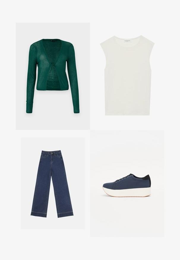 Green knitted cardigan with long sleeves, V-neck, and front tie closure, featuring a ribbed texture and a cropped design.; White sleeveless top with a round neckline. Made of smooth fabric, it features a relaxed fit and minimalist design. No patterns or accents.; Wide-leg jeans in dark blue denim. Features five pockets, belt loops, and a raw hem at the bottom with visible stitching details.; Navy blue sneaker with a textured fabric upper, white platform sole, rounded toe, and black heel accent. Features six eyelets for laces.