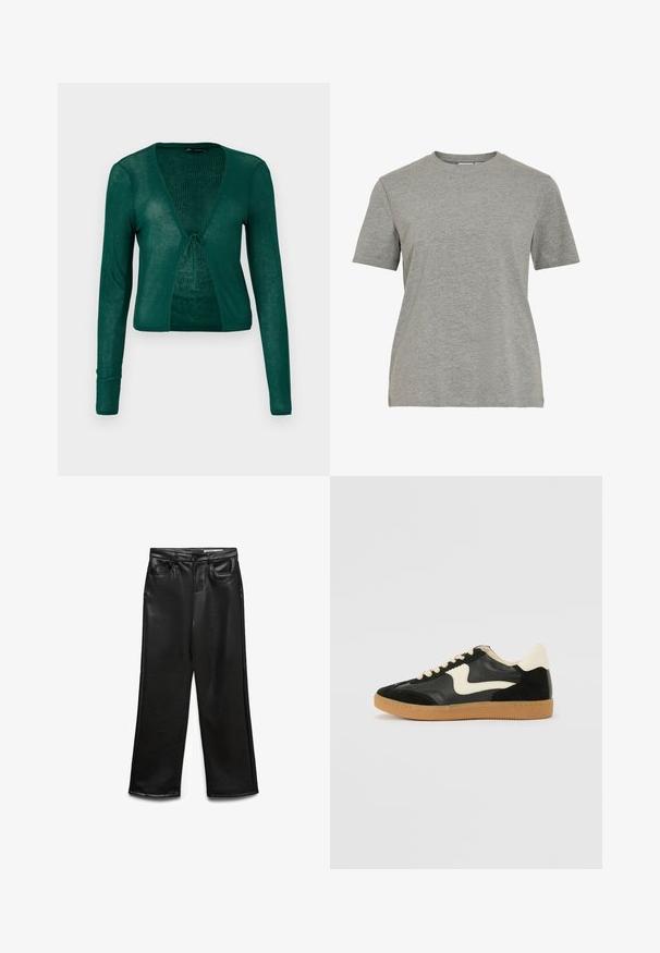 Green knitted cardigan with long sleeves, V-neck, and front tie closure, featuring a ribbed texture and a cropped design.; Grey cotton T-shirt featuring a classic crew neck, short sleeves, and a smooth texture, suitable for casual wear.; Black faux leather wide-leg pants with front pockets, belt loops, and subtle sheen. Smooth texture and tailored fit.; Black suede and leather sneaker with a cream side swoosh and light cream heel. Features beige laces and a gum rubber outsole.