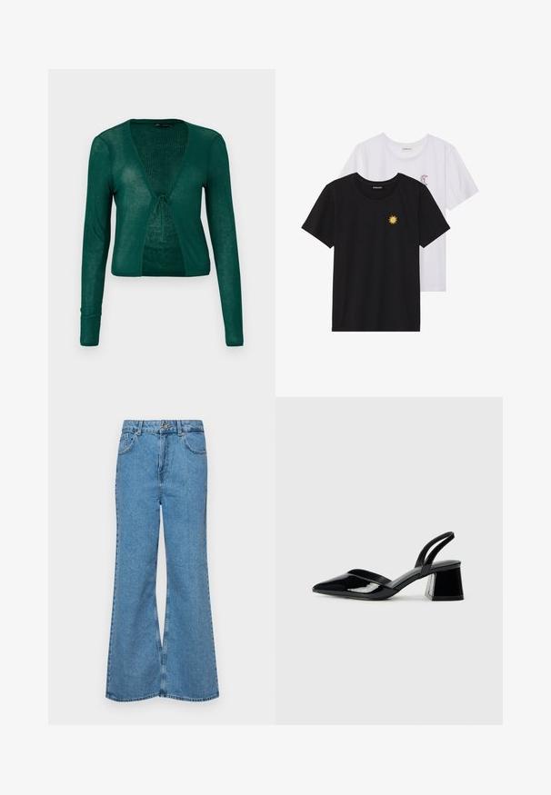 Grønn strikket cardigan med lange ermer, V-hals og knyting foran, med ribbestruktur og kort design.; Svarte og hvite T-skjorter, rund hals, korte ermer. Den svarte T-skjorten har gul brodering av en sol; den hvite har lilla halvmåne-detaljer.; Lyseblå vide jeans laget av denim, med høyt liv, fem lommer og en enkelt knappelukking. Myk tekstur med falmet finish.; Svarte patentlær slingback hæler med spiss tå og geometrisk blokk hæl. Har et stilrent, minimalistisk design og jevn tekstur.