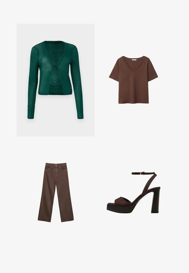 Grüner gestrickter Cardigan mit langen Ärmeln, V-Ausschnitt und vorderer Bindeschließe, der eine gerippte Textur und ein kurzes Design aufweist.; Braunes Baumwoll-T-Shirt mit kurzen Ärmeln und tiefem V-Ausschnitt. Einfaches Design, weiche Textur und gerade Saumlinie. Keine Muster oder Akzente.; Weite braune Jeans aus Denim, mit hoher Taille, Fronttaschen und klassischem Knopfverschluss. Glatte Textur mit feinen Nähten.; Braune Wildleder-Pumps mit offenem Zeh, verstellbarem Knöchelriemen und gestreiftem Plateausohlen.