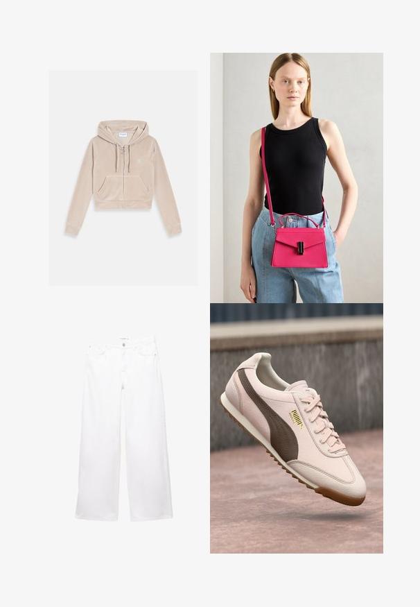Felpa corta con zip in velluto beige, dotata di cappuccio con cordoncino, tasche a marsupio e logo ricamato discreto sul petto.; Top bianco senza spalline realizzato in materiale liscio. Design aderente con una texture arricciata in vita. Indossato con jeans di denim blu scuro.; Jeans bianchi a gamba larga realizzati in denim con una superficie liscia. Presentano una chiusura con bottone e zip, due tasche anteriori e due tasche posteriori.; Sneaker Puma Arizona rosa chiaro con striscia marrone e suola in gomma, mostrato in aria sopra una superficie a texture.; Borsa strutturata rosa con chiusura a patta e hardware nero in evidenza. Indossata a tracolla con una lunga cintura. Texture liscia.