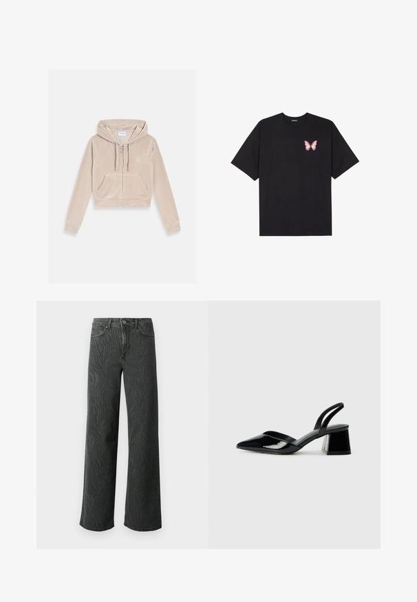 Beige velúr anyagú, cropped fazonú zipzáras kapucnis pulóver, húzózsinóros kapucnival, kenguruzsebekkel és finoman hímzett logóval a mellrészen.; Fekete pamut póló rövid ujjakkal, bal mellkason egy kis rózsaszín pillangó grafikával. Kerek nyakú kialakítás, laza fazonnal.; Sötét szürke denim széles lábú farmer, diszkrét zebra mintás textúrával, kontrasztos varrással és öt zsebes kialakítással, gombos zipzárral.; Fekete lakk bőr szandálkés magas sarkú cipő, hegyes orral és geometrikus tömbsarkakkal. Karcsú, minimalista dizájn és sima textúra jellemzi.