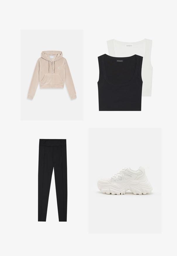 Beige velúr anyagú, cropped fazonú zipzáras kapucnis pulóver, húzózsinóros kapucnival, kenguruzsebekkel és finoman hímzett logóval a mellrészen.; Két ujjatlan felső fekete és fehér színben, rugalmas anyagból készült. Mély kivágással és egyenletes varrással a széleken. Márkajelzés látható.; Fekete leggings sima textúrával, magas derékkal és oldalfelületeken varrási részletekkel. Karcsú szabású, különféle tevékenységekhez megfelelő.; Fehér, vastag talpú sportcipők, textúrált felsőrésszel, hálós panelek árnyékolásával és vastag, kiemelkedő mintázatú gumitalppal. Zsinórok és húzófül tartozik hozzá.