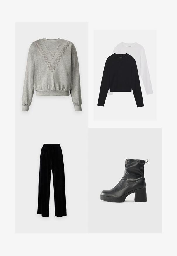 Szary sweatshirt z dekoltem w kształcie litery V, ozdobiony koronką wzdłuż kołnierza. Z ribbowanymi mankietami i dołem, wykonany z miękkiego, teksturowanego materiału.; Dwie koszule z długim rękawem: jedna czarna, a druga biała. Obie mają okrągły dekolt, rękawy raglanowe i miękką bawełnianą tkaninę.; Czarne spodnie z szerokimi nogawkami wykonane z miękkiego weluru, z elastycznym pasem i gładką fakturą, bez widocznych detali czy wzorów.; Czarne botki za kostkę wykonane z gładkiej skóry, wyposażone w boczny zamek błyskawiczny, masywny teksturowany obcas oraz zaokrąglony czubek.