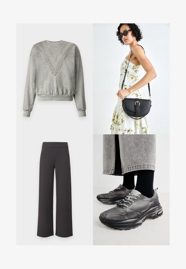 Šedá mikina s výstřihem do V, která má krajkovou dekoraci kolem límce. Hladké manžety a spodní lem, vyrobená z měkké, strukturované tkaniny.; Bílý bavlněný tričko s krátkými nabíranými rukávy, zdobené malými stříbrnými detaily podél rukávů. Klasický kulatý výstřih, volný střih.; Široké kalhoty z tmavě šedé tkaniny, s hladkou texturou, elastickým pasem a dvěma předními kapsami. Ploché provedení.; Černé a šedé sportovní boty mají síťovaný svršek, silné podrážky a šněrování. Mají zaoblenou špičku a viditelné polstrování.; Černá kožená kabelka s křivkovým tvarem, odnímatelným popruhem a zlatými detaily. Kabelka má klopu s přezkou.