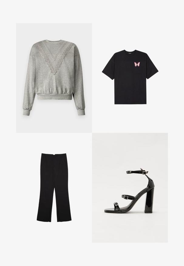 Grauer Sweatshirt mit V-Ausschnitt, der mit Spitzenverzierungen entlang des Kragens versehen ist. Mit Rippbündchen an den Ärmeln und dem Saum, aus weichem, strukturiertem Stoff.; Schwarzes Baumwoll-T-Shirt mit kurzen Ärmeln, das ein kleines pinkes Schmetterlingsmotiv auf der linken Brust zeigt. Crewneck-Design mit einem entspannten Schnitt.; Schwarze Hose mit geradem Schnitt, ausgestattet mit Fronttaschen und Seitenschlitzen am Saum. Hergestellt aus weichem, glattem Stoff. Geeignet für verschiedene Anlässe.; Schwarze Lackleder-Sandalen mit hohen Absätzen, zwei Riemen mit Schnallen, quadratischer Zehenpartie und klobigem Blockabsatz, mit einer glatten, glänzenden Textur.