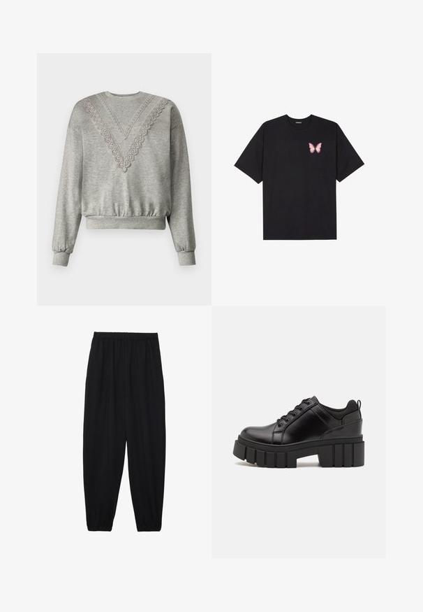 Szary sweatshirt z dekoltem w kształcie litery V, ozdobiony koronką wzdłuż kołnierza. Z ribbowanymi mankietami i dołem, wykonany z miękkiego, teksturowanego materiału.; Czarny bawełniany t-shirt z krótkim rękawem, z małym różowym motylkiem na lewej piersi. Klasyczny dekolt z luźnym fasonem.; Czarne, lekkie spodnie z elastycznym pasem i ściągaczami na kostkach. Materiał jest gładki i ma luźny, zwężany krój.; Czarne skórzane buty na platformie z masywnym słupkowym obcasem, okrągłym noskiem i klasycznym sznurowaniem. Posiadają gładką teksturę i minimalne wykończenia.