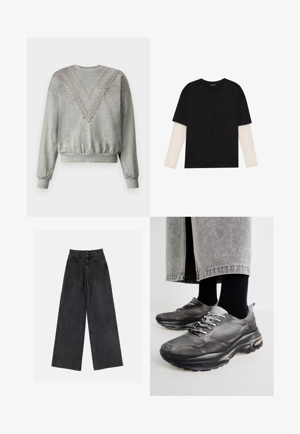 Felpa grigia con scollo a V, caratterizzata da dettagli in pizzo lungo il colletto. Polsini e orlo a coste, realizzata in tessuto morbido e testurizzato.; T-shirt nera in cotone con maniche corte sopra un sotto manica lunga bianca, caratterizzata da una sottile texture. Design con scollo rotondo.; Jeans in denim neri a gamba larga con vita alta, design classico a cinque tasche e una leggera scoloritura. Tessuto resistente con una texture liscia.; Le scarpe da ginnastica nere e grigie presentano una tomaia in rete, suole spesse e lacci. Hanno una punta arrotondata e un dettaglio di ammortizzazione visibile.