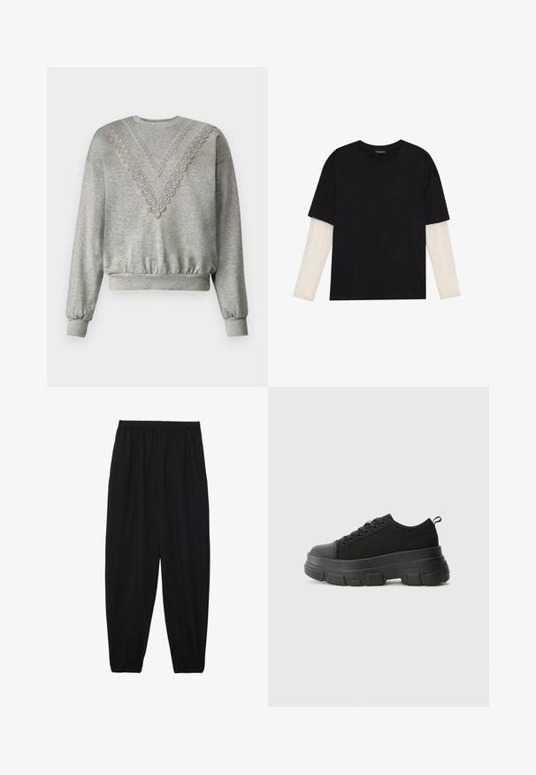 Šedá mikina s výstrihom do V, na ktorej sa nachádzajú čipkované detaily okolo goliera. Ribované manžety a spodný lem, vyrobená z mäkkej, textúrovanej látky.; Čierne tričko z bavlny, s krátkymi rukávmi cez biele tričko s dlhým rukávom, s jemným textúrovaným vzorom. Design s okrúhlym výstrihom.; Čierne, ľahké nohavice s elastickým pásom a zúženými nohavicami. Tkanina je hladká a má voľný, zúžený strih.; Čierne tenisky s masívnou gumovou podrážkou, textúrovaným textilným zvrškom, okrúhlou špičkou a šnurovaním. Obsahujú spevnené očká a zadný úchop.