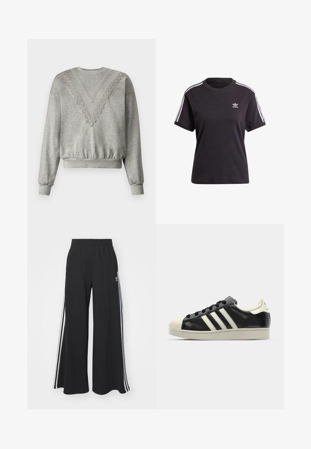 Hall Grey V-kaelusega dressipluus, millel on pitsdetailid kaeluse ääres. Ribakujulised varrukate ja alumise ääre ääred, valmistatud pehmest ja tekstuurist kangast.; Must kõrge kaelusega must puuvillane T-särk lühikeste varrukatega, millel on valged triibud õlgadel ja väike valge Adidas'i logo rinna peal.; Mustad laiad trenni püksid elastse vöökohtaga, millel on valged küljeribad ja tikitud logo vasakul reiel.; Must have nahkased mustad tossud valgete triipudega, kummist varbakattega, mustade paeltega ja kreemika värvusega tallaga. Sile tekstuur ja läikiv viimistlus.