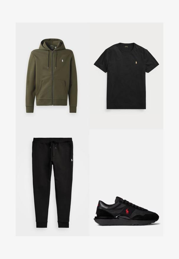 Camisola com fecho éclair em verde-azeitona, feita de algodão suave, com um bolso tipo canguru, capuz com cordão e um pequeno logótipo branco no lado esquerdo do peito.; T-shirt preto de manga curta feito de algodão com decote redondo, apresentando um pequeno logo dourado de polo na área do lado esquerdo do peito.; Calças de ganga pretas feitas de tecido macio, com uma cintura ajustável por cordão, punhos ajustados e um pequeno logótipo branco na perna esquerda.; Sapatilhas desportivas pretas com uma combinação de materiais em camurça e têxtil. Destaca-se um logotipo vermelho e uma sola exterior em borracha texturizada.