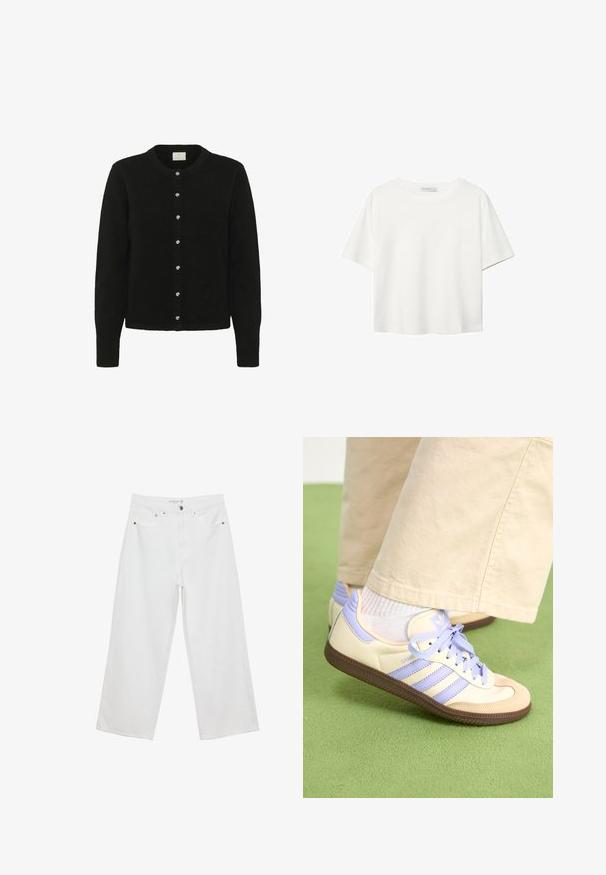 Sorte cardigan lavet af blødt stof, med lange ærmer, en rund halsudskæring og en række af fem blanke knapper foran.; Hvid kortærmet t-shirt lavet af bomuld. Har en rund halsudskæring og en afslappet pasform. Glat tekstur uden synlige mønstre eller detaljer.; Hvide bukser med bred benvidde lavet af denim med høj talje, der har fem lommer og metalhardware. Glat tekstur, uden synlige mønstre.; Creme og lavendel sneakers med tre striber og en tekstureret brun sål, der har snørebånd og en polstret hæl. Blødt stof øvre.