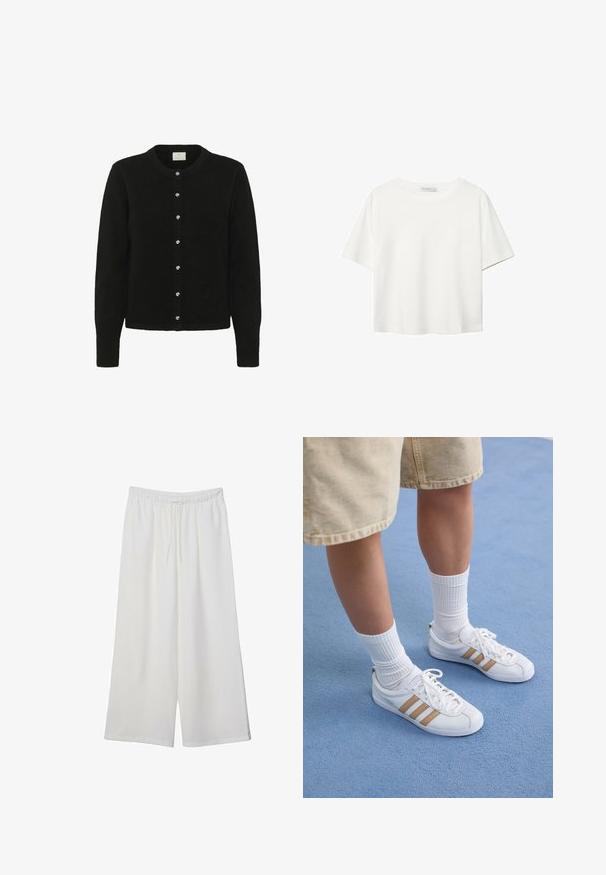 Sorte cardigan lavet af blødt stof, med lange ærmer, en rund halsudskæring og en række af fem blanke knapper foran.; Hvid kortærmet t-shirt lavet af bomuld. Har en rund halsudskæring og en afslappet pasform. Glat tekstur uden synlige mønstre eller detaljer.; Hvide vidde bukser lavet af letvægtsstof, med en elastisk talje og snøre for justerbar pasform. Glat tekstur.; Hvide sneakers med tre gyldne striber, snørebåndsdesign, gummisål, båret med ribbede hvide sokker og beige shorts på en blå overflade.