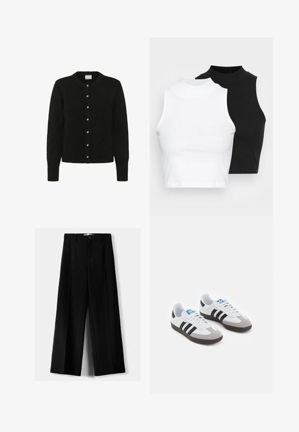 Černý cardigan vyrobený z měkké tkaniny, s dlouhými rukávy, kulatým výstřihem a řadou pěti lesklých knoflíků po přední straně.; Dvě bezrukávové halenky s ribovým stojáčkem v černé a bílé barvě, které mají přiléhavý střih a hladkou texturu, s krácenou délkou.; Černé široké kalhoty z lehkého materiálu s předním zapínáním na knoflík a hladkým předním dílem, s pečlivě přišitými lemy.; Sportovní boty s bílým koženým svrškem, šedou semišovou špičkou a třemi černými pruhy. Obsahují modré logo na jazyku a texturovanou gumovou podrážku.