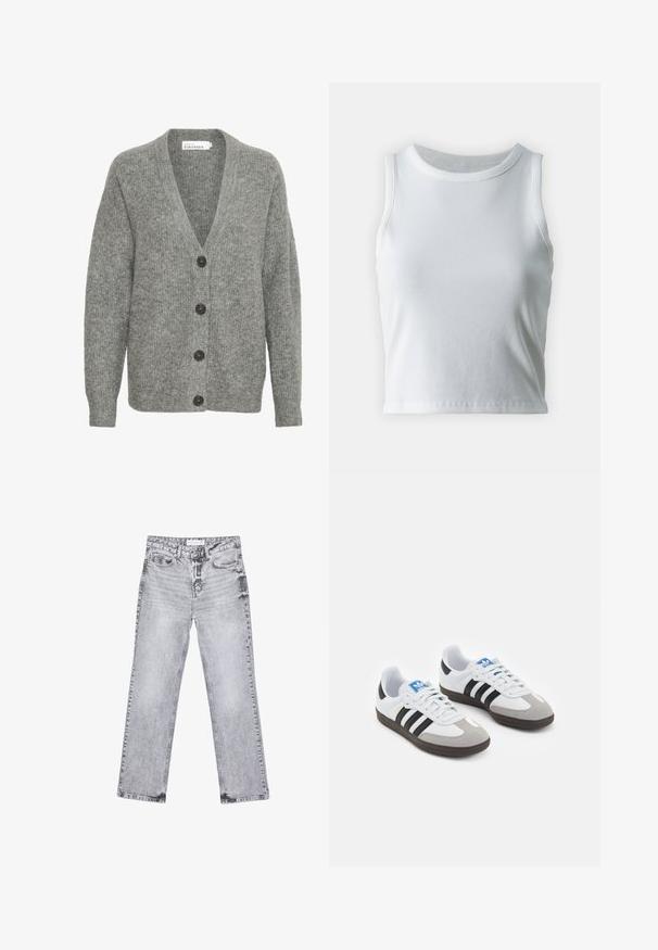 Sivo pleteno jopič s V-izrezom, petimi velikimi gumbi spredaj in rebrastimi manšetami. Narejen iz mehkega, teksturiranega blaga.; Bela rebrasta majica brez rokavov z okroglo izrezom, s pravo hem in gladko, elastično strukturo.; Sive traperice z ravnim krojem, z obdelanimi detajli, petimi žepi in bakrenimi zakovicami. Pas ima oznako z logotipom.; Športni čevlji z belim usnjenim zgornjim delom, sivim semišem na prstih in tremi črnimi črtami. Imajo modro logo na jeziku in teksturiran gumijast podplat.