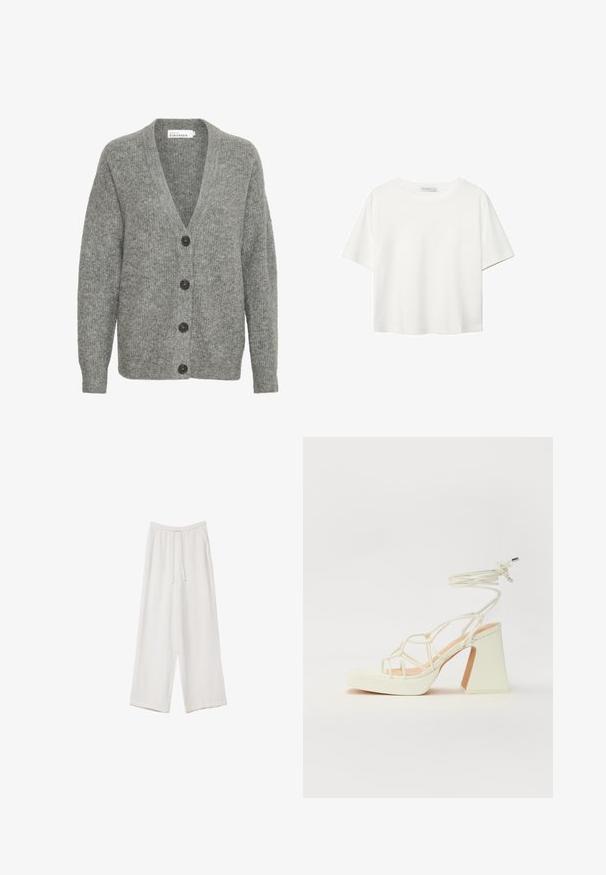 Sivi pleteni kardigan s V-izrezom, pet velikih dugmadi sprijeda i rebrastim manžetama. Izrađen od mekog, teksturiranog materijala.; Bijela majica kratkih rukava od pamuka. Ima okrugli izrez i opušteni kroj. Glatka tekstura bez vidljivih uzoraka ili naglasaka.; Bijele hlače širokih nogavica napravljene od lagane tkanine. Imaju elastičan pojas s ušicom i bočne džepove. Glatka tekstura.; Bijela sandala na visokoj potpetici s debelim petom, s remenom i vezanjem oko gležnja. Glatka tekstura s platformom sprijeda za dodatnu visinu.