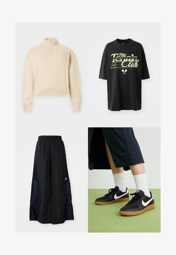 Beige kort genser med høy krage og kvart-glidelås-design. Har ribbestrikkede mansjetter og en subtil logo på brystet. Myk tekstur.; Svart bomull T-skjorte med korte ermer, med grønn og hvit "Nike Tennis Club" grafikk, illustrasjoner av tennisball og racket.; Svarte vide bukser laget av lett stoff, med et marineblått sidestykke og elastisk midjebånd. Liten hvit logo nederst.; Sorte lær- og syntetiske joggesko med hvit Nike swoosh, gummisåle, rund tå og sorte lisser. Ribbet hvite sokker synlige.