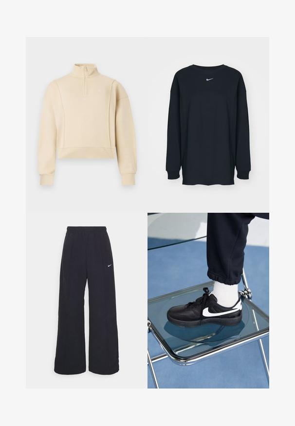 Sudadera recortada color beige con cuello alto y diseño de media cremallera. Cuenta con puños de canalé y un sutil logotipo en el pecho. Textura suave.; Camiseta negra de manga larga hecha de algodón con cuello redondo. Presenta un logo blanco de Nike en el pecho. Textura suave, diseño sencillo.; Pantalones de pierna ancha negros con una cintura elástica y un pequeño logo blanco de Nike. La tela tiene una textura suave, diseñada para la comodidad y el uso casual.; Zapatillas Nike negras con acentos blancos, con una textura de cuero suave, diseño de cordones y punta redondeada, colocadas sobre una silla de cristal.