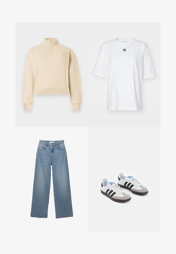 Bežová skrátená mikina s vysokým golierom a dizajnom na štvrtinový zips. Má rebrované manžety a jemné logo na hrudi. Mäkka textúra.; Biele tričko s krátkym rukávom vyrobené z bavlny. Má okrúhly výstrih a malé čierne logo Adidas na hrudi. Priamy strih spodného lemu.; Svetlo modré široké džínsy vyrobené z denimu. Majú vysoký pás, päť vreciek a rovný strih s minimálnym vyblednutím.; Športové topánky s bielym koženým zvrškom, šedou semišovou špičkou a tromi čiernymi pruhmi. Obsahujú modré logo na jazyku a štruktúrovanú gumovú podrážku.