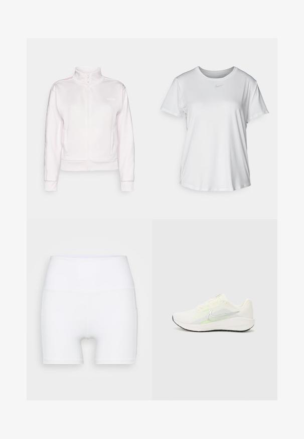 Valge tõmblukuga jakk kõrge kaelusega, soonikenniste ja küljetaskutega. Omab õlgadel heledates toonides aktsenttriibu.; Valge lühikeste varrukatega T-särk, mis on valmistatud siledast kangast, ümarate kaelustega ning mille rinnal on väike hall Nike logo.; Valged kõrge vöökohaga lühikesed püksid, mis on valmistatud venivast kangast. Omab siledat tekstuuri ja mugavat lõiget, ilma lisamustrideta või -detailideta.; Nike Performance DOWNSHIFTER 13 - Maanteejooksu jalatsid - sail/silver-coloured photon dust/summit white/barely volt/black