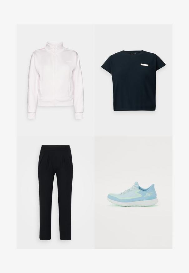 White zip-up jacket with a high collar, ribbed cuffs, and side pockets. Features accent stripes in light colors on the shoulders.; Black ribbed short-sleeve top with a round neck, featuring a small white label on the chest, made from soft cotton-like fabric.; Black, wide-leg trousers made of smooth fabric. Features an elastic waistband and two front pleats. No visible patterns or hardware.; Light blue athletic shoe with mesh upper, rounded toe, cushioned sole, and reflective accents. Features lacing and a supportive heel.