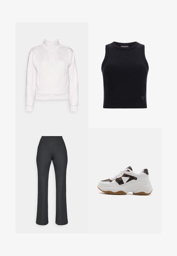Chaqueta blanca con cremallera y cuello alto, puños de canalé y bolsillos laterales. Presenta rayas de acento en colores claros en los hombros.; Top corto sin mangas negro de canalé con cuello redondo y un pequeño logo en el dobladillo. Textura suave con un diseño ajustado.; Pantalones acampanados negros con canalé y una cintura alta. La tela tiene una textura suave y un diseño estructurado, que se extiende a un ajuste holgado en los tobillos.; Zapatillas blancas con un tejido negro texturizado que presenta un patrón circular. Suela gruesa con una suela de goma y un logotipo prominente en el lateral.