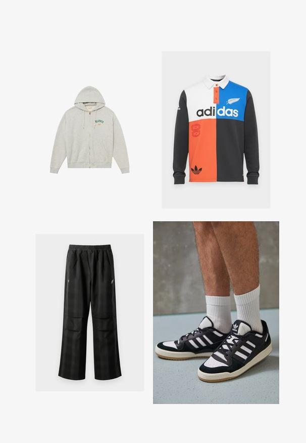 Grey zip-up hoodie made of soft fabric, featuring a hood, two side pockets, and "BLKVIS NY" embroidered in green and orange.; Color-blocked long-sleeve polo shirt in black, white, orange, and blue, with a collar, button placket, and prominent Adidas branding.; Black plaid pants featuring an elastic waistband, two front pockets, and a loose fit with a straight leg design. Made from lightweight material.; Black and white sneakers with a suede and leather upper, featuring three white stripes, a perforated toe, and a gum rubber sole.