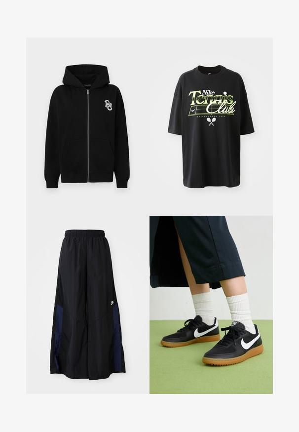 Black zip-up hoodie made from cotton blend. Features a kangaroo pocket, ribbed cuffs, and a small graphic logo on the left chest.; Black cotton t-shirt with short sleeves, featuring green and white "Nike Tennis Club" graphic, tennis ball, and racket illustrations.; Black wide-leg pants made of lightweight fabric, featuring a navy blue side panel and an elastic waistband. Small white logo on bottom.; Black leather and synthetic sneakers with white Nike swoosh, rubber gum sole, round toe, and black laces. Ribbed white socks visible.