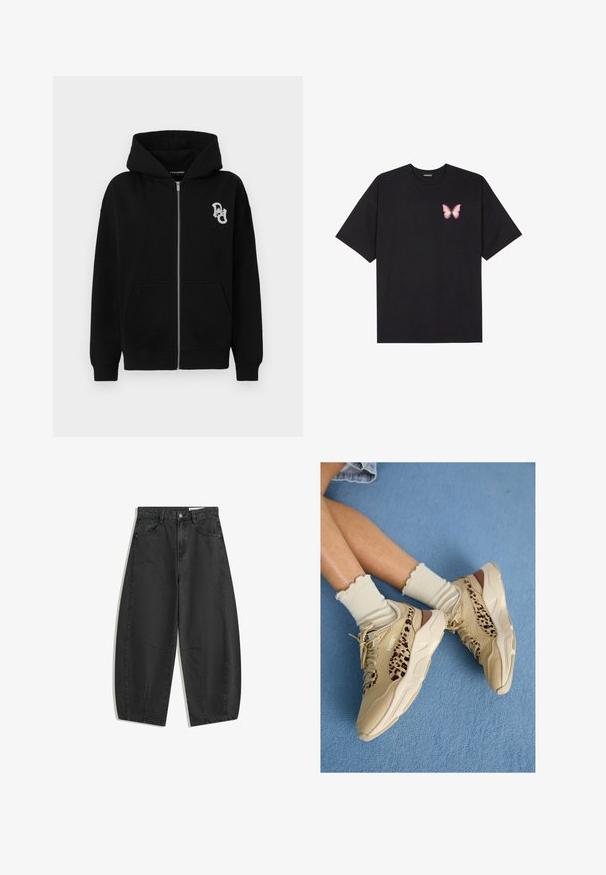 Fekete cipzáras kapucnis felső, pamutkeverékből készült. Kanguru zsebbel, bordázott mandzsettákkal és egy kis grafikai logóval a bal mellen.; Fekete pamut póló rövid ujjakkal, bal mellkason egy kis rózsaszín pillangó grafikával. Kerek nyakú kialakítás, laza fazonnal.; Fekete, bő szárú farmernadrág magas derekú, elülső zsebekkel, övlyukakkal és gombos zárással, síkban bemutatva egy fehér háttéren.; Keresztbe tett lábak bézs Puma tornacipőben, leopárdmintás csíkokkal és fodros krémszínű zoknival, kék szőnyegen.