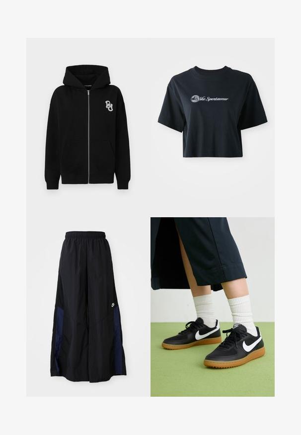 Svart zip-up hettegenser laget av bomullsblanding. Har en kengurulomme, ribbestrikkede mansjetter og en liten grafisk logo på venstre bryst.; Kuttet svart bomull t-skjorte med korte ermer, med hvit tekst "Vice Sportswear" og en sirkulær grafikk på fronten.; Svarte vide bukser laget av lett stoff, med et marineblått sidestykke og elastisk midjebånd. Liten hvit logo nederst.; Sorte lær- og syntetiske joggesko med hvit Nike swoosh, gummisåle, rund tå og sorte lisser. Ribbet hvite sokker synlige.