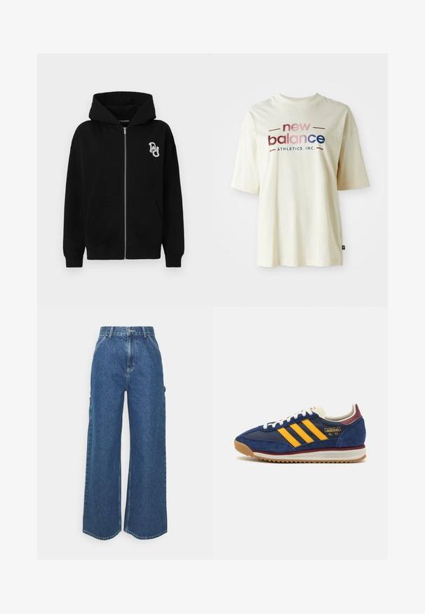Μαύρο φούτερ με φερμουάρ από μείγμα βαμβακιού. Αυτά περιλαμβάνουν μια τσέπη καγκουρό, ριγωτούς μανσέτες και μια μικρή γραφική λογότυπη στο αριστερό στήθος.; Κρεμ μπλουζάκι από βαμβάκι με κοντά μανίκια, που διαθέτει ένα πολύχρωμο σχέδιο λογότυπου "new balance" και το κείμενο "ATHLETICS INC.".; Πολυάριθμοι μπλε τζιν παντελόνες με φαρδιά πόδια και ψηλή μέση, αντίθετη ραφή και πλαϊνές τσέπες, με κλασικό σχέδιο πέντε τσεπών και ακατέργαστο τελείωμα.; Ναυτικά σουέτ sneakers με κίτρινες ρίγες, λευκή κορδέλα και μπορντό λεπτομέρειες. Υφασμάτινη σόλα με αυλάκια για πρόσφυση. Λογότυπο της μάρκας στο πλάι.