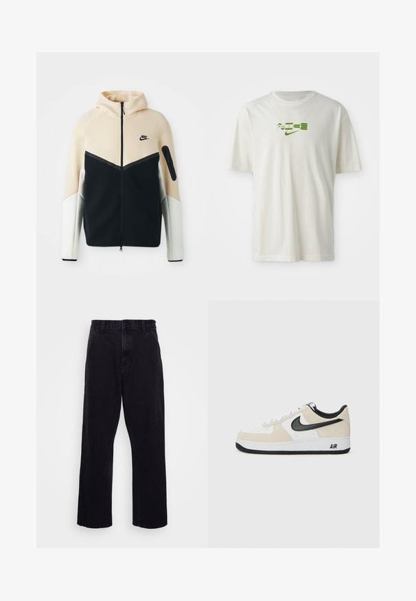 Nike zip-up džemperis ar krāsu bloku dizainu bēšā, melnā un baltā krāsā. Materiāls ir gluds, ar kapuci un kabatu ar rāvējslēdzēju uz piedurknes.; Balts kokvilnas T-krekls ar zaļu grafisko druku, kurā ir vārds "NIKE" un logo. Īsas piedurknes un apaļa kakla izgriezuma forma. Gluda tekstūra.; Melnu džinsu bikses ar taisnu kāju dizainu, ar pogu un rāvējslēdzēju, jostu cilpām un minimālu šuvju detaļām.; Sneakeri ar gaiši bež zamšas un baltas ādas augšdaļu, melnu Nike swoosh, melniem akcentiem un baltu gumijas zoli ar "AIR" zīmolu.