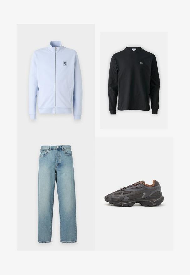 Casaco azul claro com fecho zip, feito de um material suave, com colarinho alto, bolsos laterais e um logótipo em patch no peito.; Camisola preta de manga longa feita de algodão, com decote redondo e um pequeno logótipo de crocodilo bordado em verde no lado esquerdo do peito.; Jeans de denim azul claro com um corte solto, pernas retas, design de cinco bolsos e fecho de botão na cintura. Detalhe de costura minimalista.; Ténis Lacoste em cinza-escuro com material em malha e sintético, apresentando uma sola texturizada e detalhes castanhos na gola e na marca.