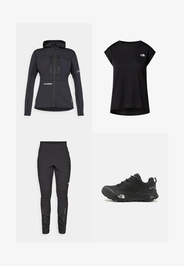 Černá sportovní bunda s kapucí, vybavená zipovými kapsami a strukturovanou částí na rukávech. Logo na přední straně a na rukávu. Materiál navržený pro flexibilitu.; Černé tričko s krátkým rukávem vyrobené z měkké tkaniny. Obsahuje kulatý výstřih a logo potištěné na hrudi. Uvolněný, mírně volný střih s zakřiveným lemem.; Černé outdoorové kalhoty s přiléhavým střihem, odolným materiálem, reflexními prvky a panelovými švy pro lepší pohyblivost a pohodlí.; Černá turistická bota s texturovaným svrškem, šněrováním a masivní gumovou podrážkou, která má výrazné logo po straně a vzory na podrážce.