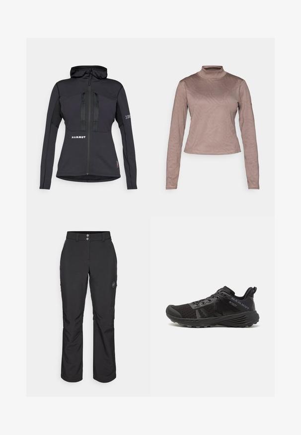 Giacca sportiva nera con cappuccio, dotata di tasche con zip e pannello texturizzato sulle maniche. Logo sul davanti e sulla manica. Materiale progettato per la flessibilità.; Columbia GRANITE POINT™ - Maglietta a manica lunga - iron; Pantaloni outdoor neri con taglio dritto, dotati di chiusura con bottone, tasche laterali con zip e una patch con logo sulla coscia sinistra.; Scarpa da corsa nera con tomaia in rete testurizzata, puntale rinforzato e suola in gomma. Presenta un sistema di allacciatura e dettagli del logo sul lato.