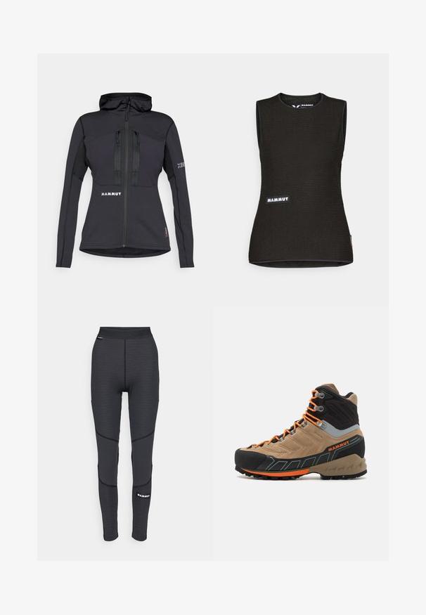 Zwarte sportieve jas met capuchon, voorzien van ritszakken en een gemêleerd paneel op de mouwen. Logo op de voorkant en op de mouw. Materiaal ontworpen voor flexibiliteit.; Zwart mouwloos shirt met een textuurpatroon, voorzien van een ronde halslijn en een "MAMMUT" logo op de voorkant. Gemaakt van ademend materiaal.; Zwarte sportleggings met textuurpanelen en verstevigde stiksels, voorzien van een merkelogo en een brede, elastische tailleband.; Beige en zwarte hoge wandelschoen met oranje veters, rubberen neusstuk, gestructureerde bovenkant en robuuste zool. Heeft versterkte enkelondersteuning.