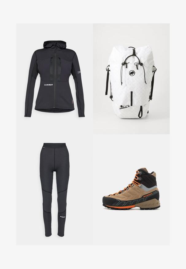 Black athletic jacket with a hood, featuring zippered pockets, and a textured panel on sleeves. Logo on front and sleeve. Material designed for flexibility.; Black sleeveless shirt with a textured pattern, featuring a round neckline and a "MAMMUT" logo on the front. Made of breathable material.; Black athletic leggings with textured panels and reinforced stitching, featuring a branded logo and a wide, elastic waistband.; Beige and black high-top hiking boot with orange laces, rubber toe cap, textured upper, and rugged sole. Features reinforced ankle support.; White backpack made of quilted material with black accents. Features adjustable straps, a roll-top closure, and a front zipper pocket.